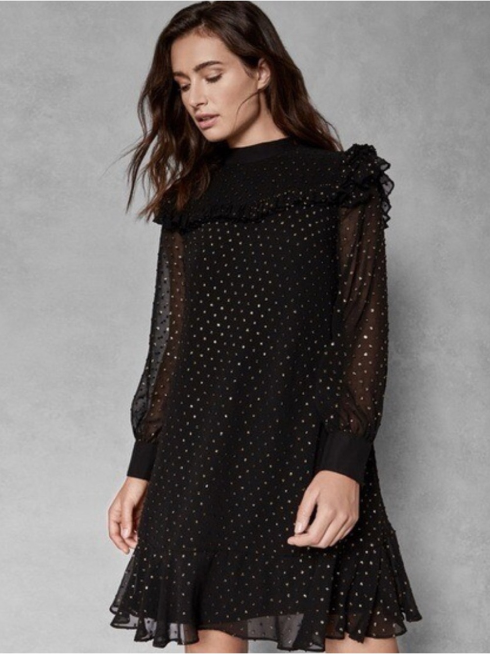 Ted Baker Black Ruffle-Yoke Long Sleeve Dress with Gold Dot Accents